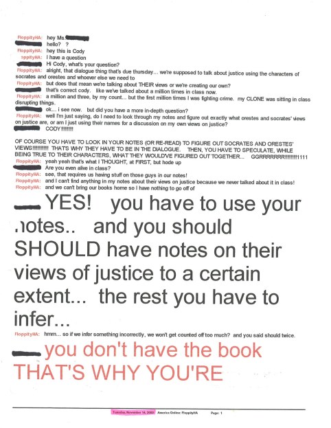 November 14, 2000 AIM Conversation w Teacher Pg1