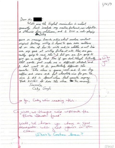 A letter to my creative writing teacher (formerly my sophomore English teacher) on my first day of my final semester of high school.