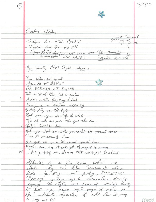 March 27, 2003: Poetry about carpet squares